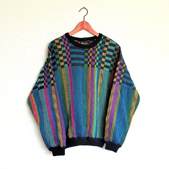 Vintage 80s Bianculli Neon Geometric Maximalist Women's Sweater Size L RARE - Picture 1 of 17